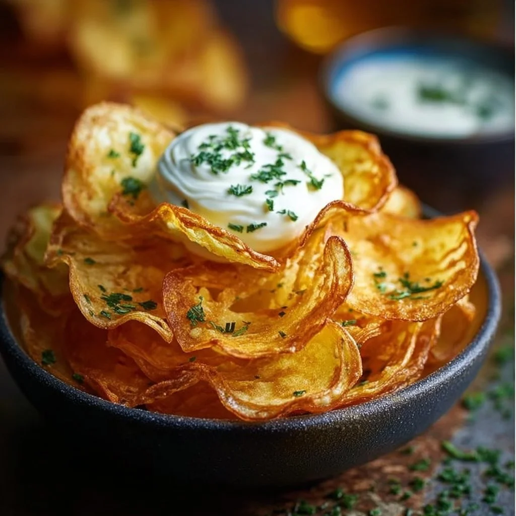 Leckere Hüttenkäse-Chips in einer Schüssel serviert