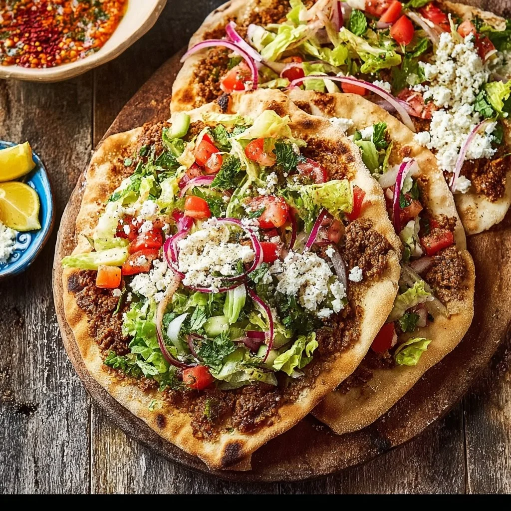 Ein köstlicher Lahmacun, türkisches Fladenbrot mit würziger Füllung.