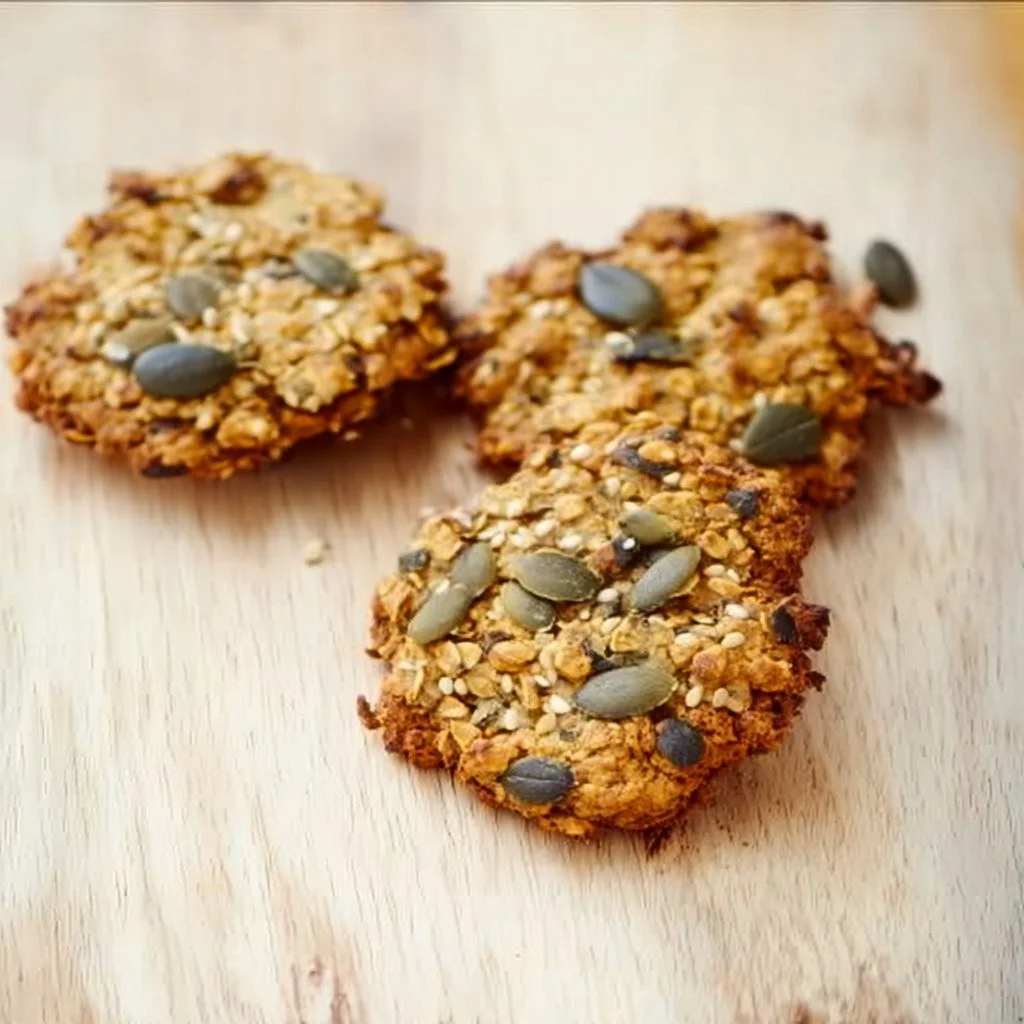 Eine Auswahl von Sesam Crackern, salzig und süß, auf einem Holzbrett.