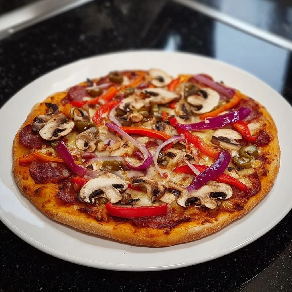 Sucuk-Pizza mit Jalapeños auf einem Teller, das perfekte Gericht für Feinschmecker.