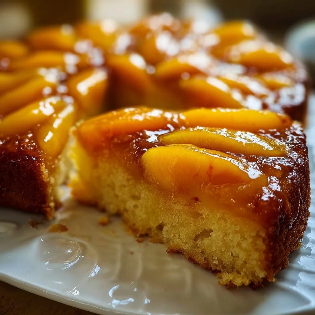 Saftiger Brauner Zucker Pfirsichkuchen auf einem Teller