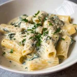 Cremige Spinat-Rigatoni mit frischem Spinat und Parmesan, serviert in einer Schüssel