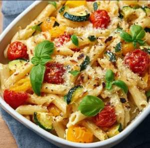 Gesunde gebackene Feta-Pasta mit buntem Gemüse aus dem Ofen