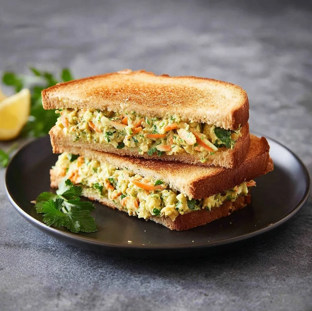 Grüne Göttin Kichererbsen-Sandwiches mit frischen Zutaten auf einem Teller.