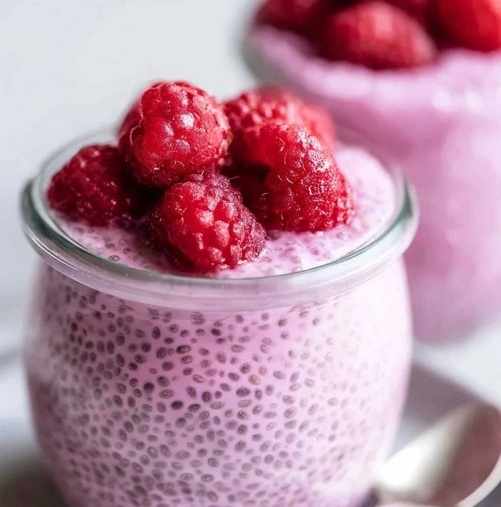 Himbeer-Chia-Pudding mit Ahornsirup in einem Glas serviert.