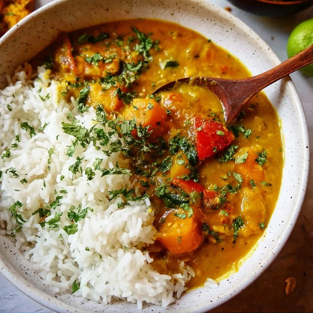 Schüssel mit indischem Kürbis-Curry, serviert mit frischen Kräutern und Reis