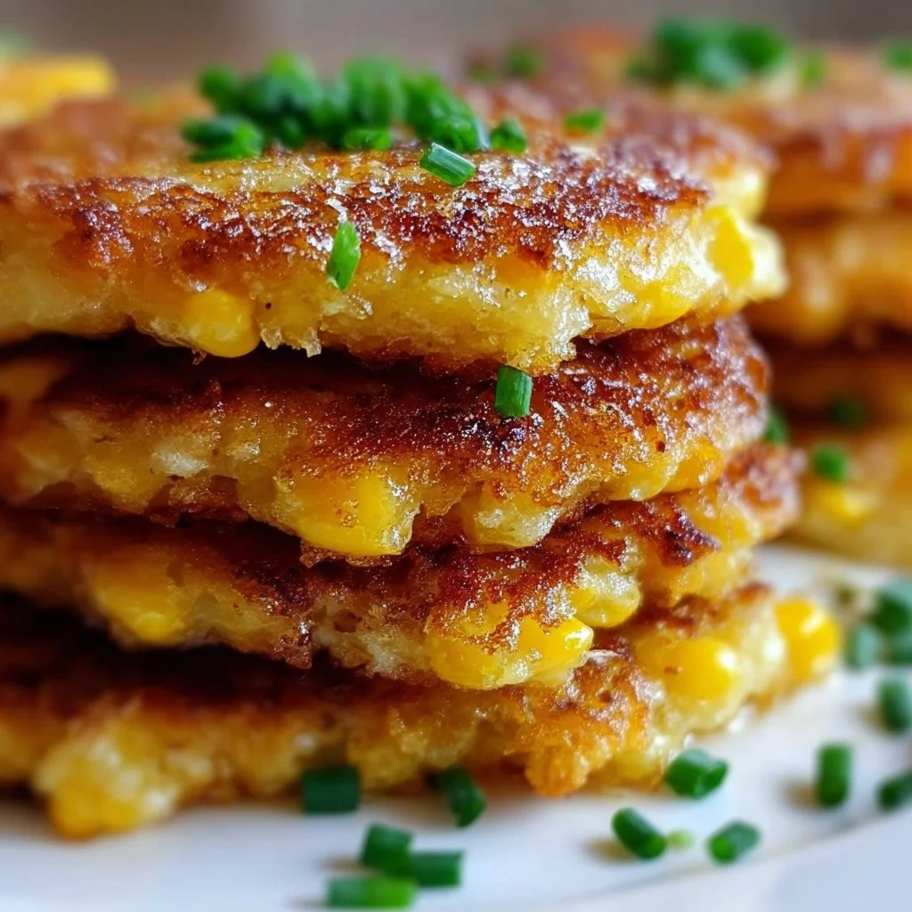 Knusprige Cheddar-Mais-Kartoffelpuffer auf einem Teller angerichtet