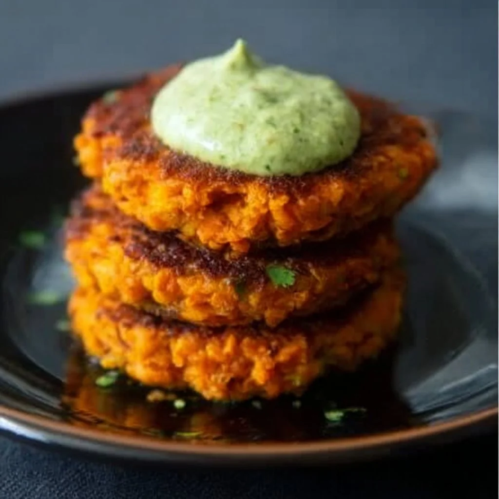 Krosse Süßkartoffel Patties mit Avocado-Koriander-Sauce auf einem Teller.