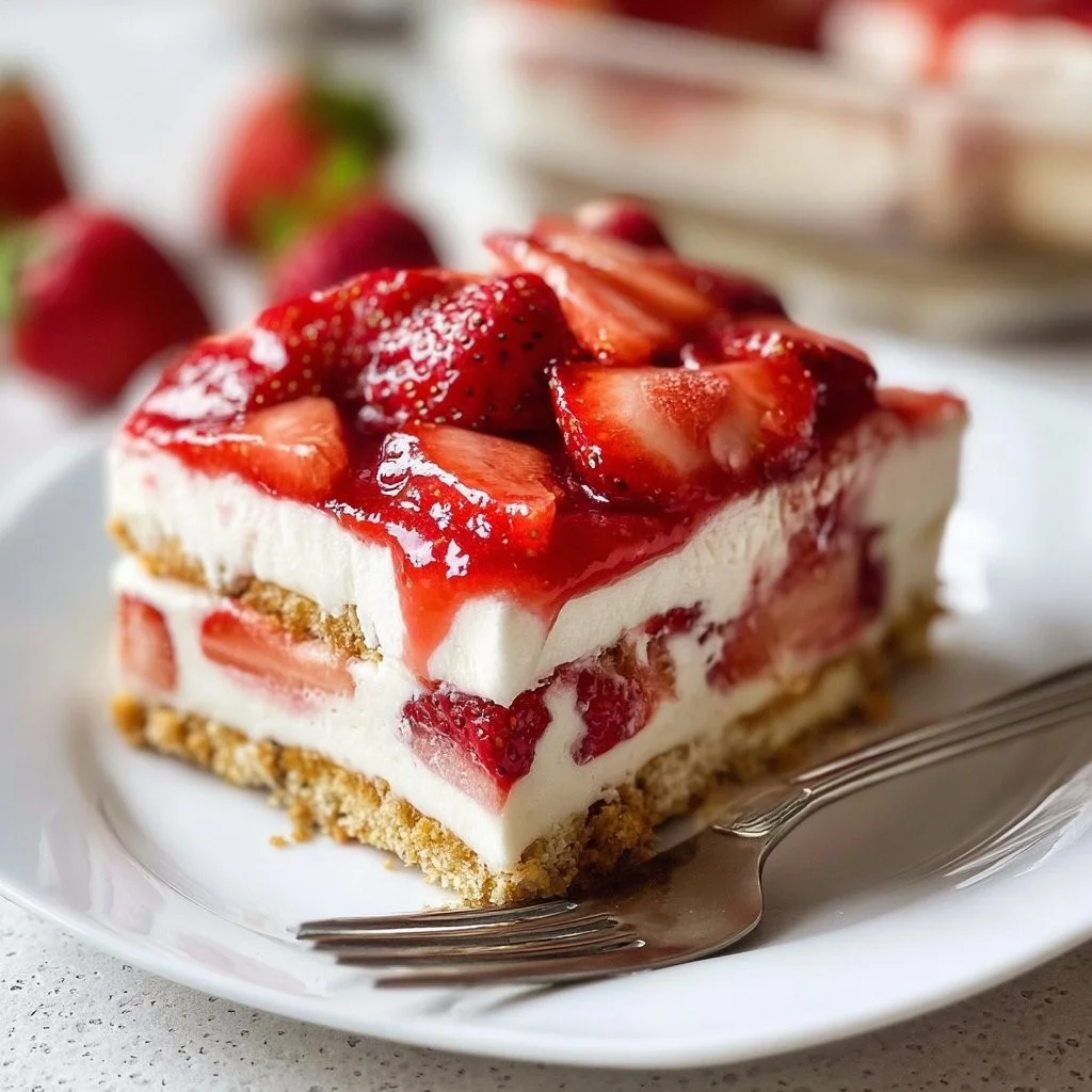 No-Bake Erdbeer-Eisboxkuchen mit frischen Erdbeeren und Sahne