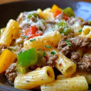 Philly Cheesesteak Pasta in einer Servierschale mit frischen Zutaten