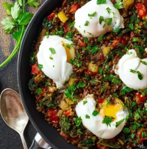 Pochierte Eier auf einem Linsen-Hash in einer modernen Schüssel.