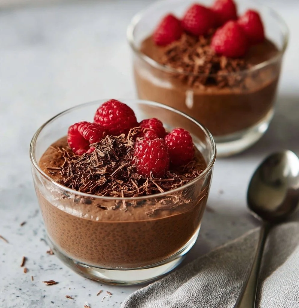 Schokoladen-Chia-Pudding in einer Schale mit Löffel