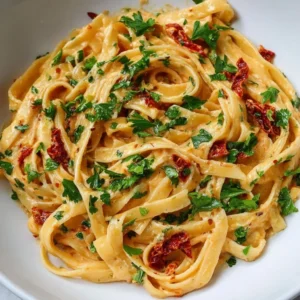 Vegane cremige Pasta mit getrockneten Tomaten auf einem Teller serviert.