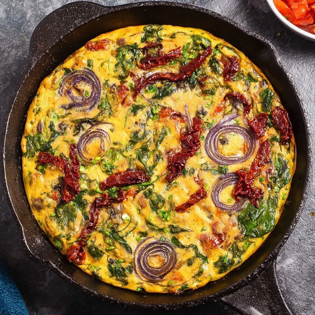 Leckere vegane Frittata mit frischem Gemüse und Kräutern.