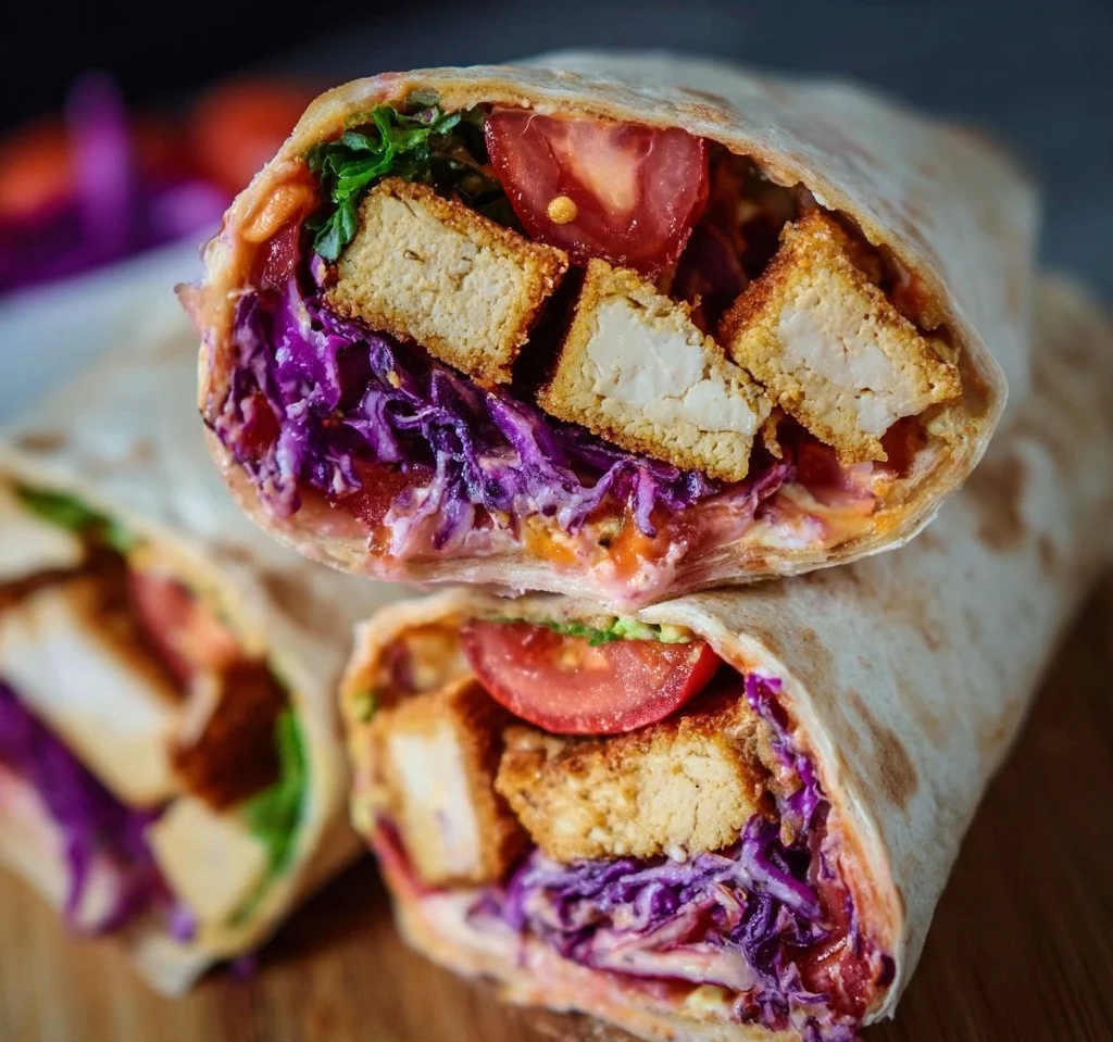 Vegane Honig-Senf-Tofu-Wraps auf einem Teller serviert