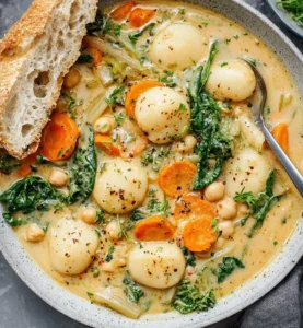 Vegane Kichererbsen-Gnocchi-Suppe in einer Schüssel angerichtet.