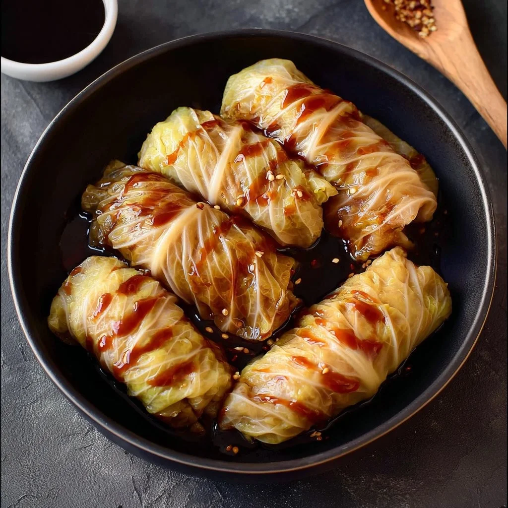 Vegane Kohlrouladen auf einem Teller mit frischen Kräutern garniert.