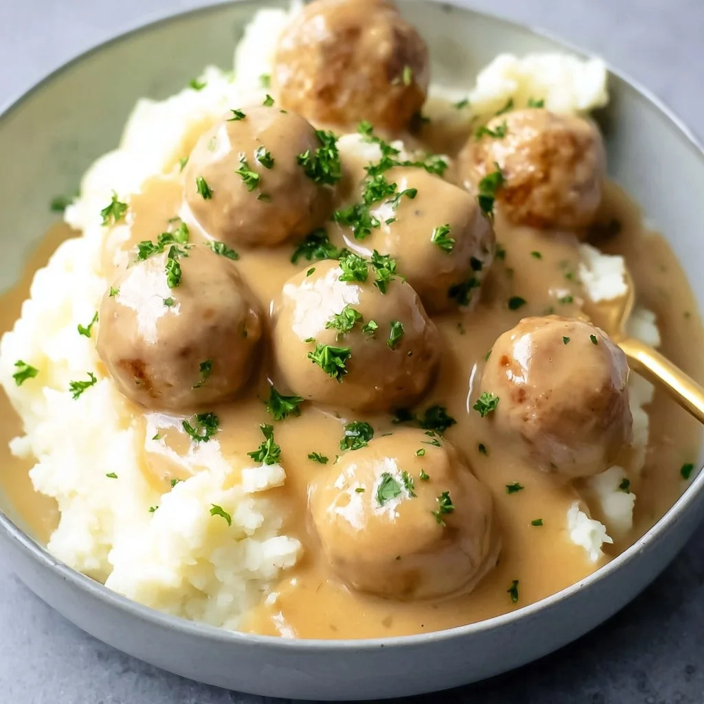 Vegane schwedische Fleischbällchen auf einem Teller mit frischen Kräutern
