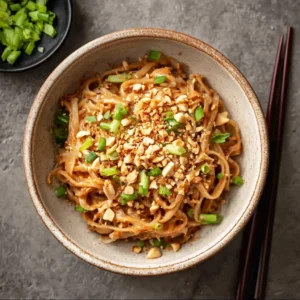 Würzige Erdnussbutter-Nudeln in einem bunten Teller angerichtet