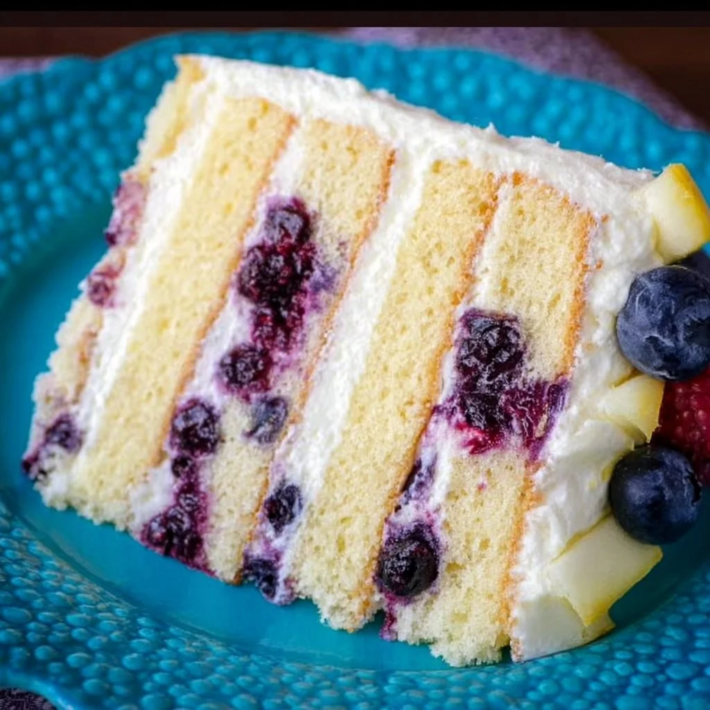 Leckerer Zitronen-Blaubeer-Kuchen auf einem Teller