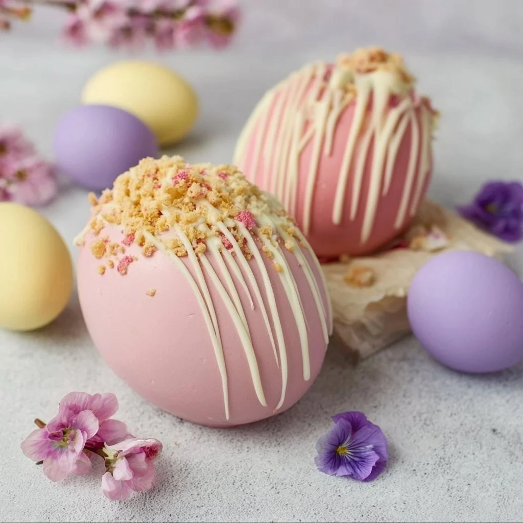 Erdbeerkuchen-Oster-Ei-Bomben mit frischen Erdbeeren und dekorativer Ostertorte