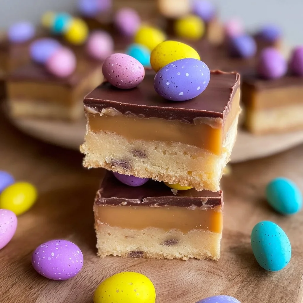 Millionaires Shortbread mit Mini-Eiern auf einem Teller dekoriert