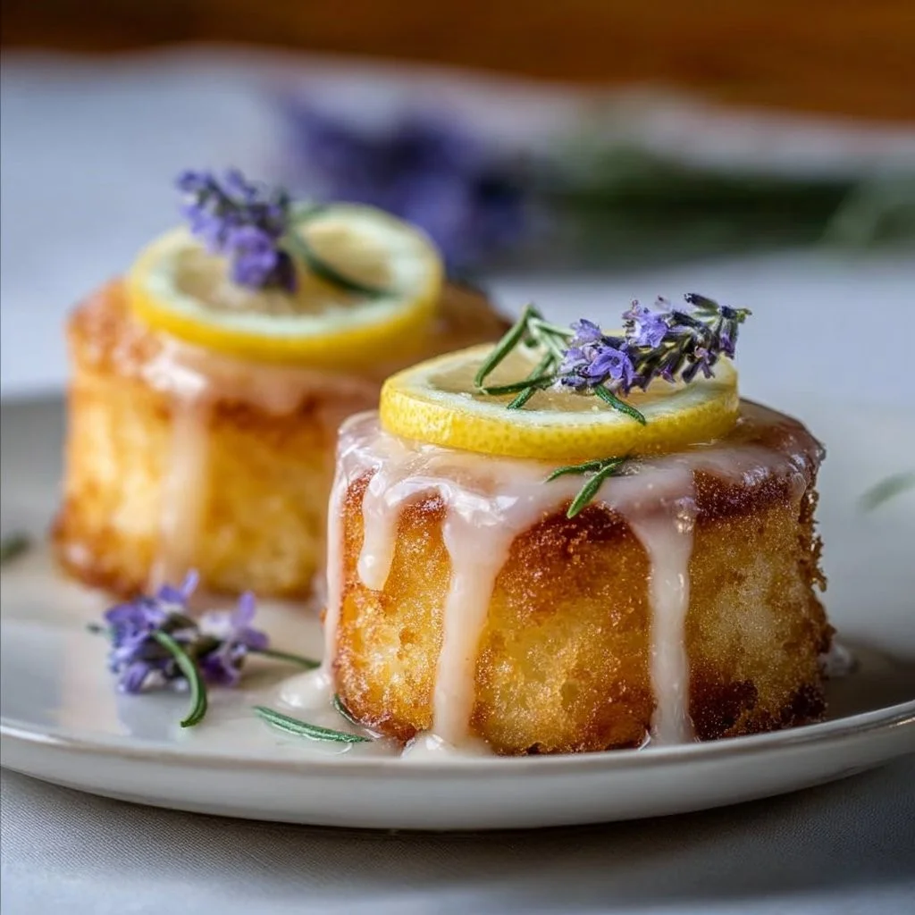 Mini Zitronenkuchen mit Lavendelglasur auf einem Teller
