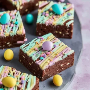 Oster Brownies Rezept mit schokoladigen Brownies und osterlicher Dekoration
