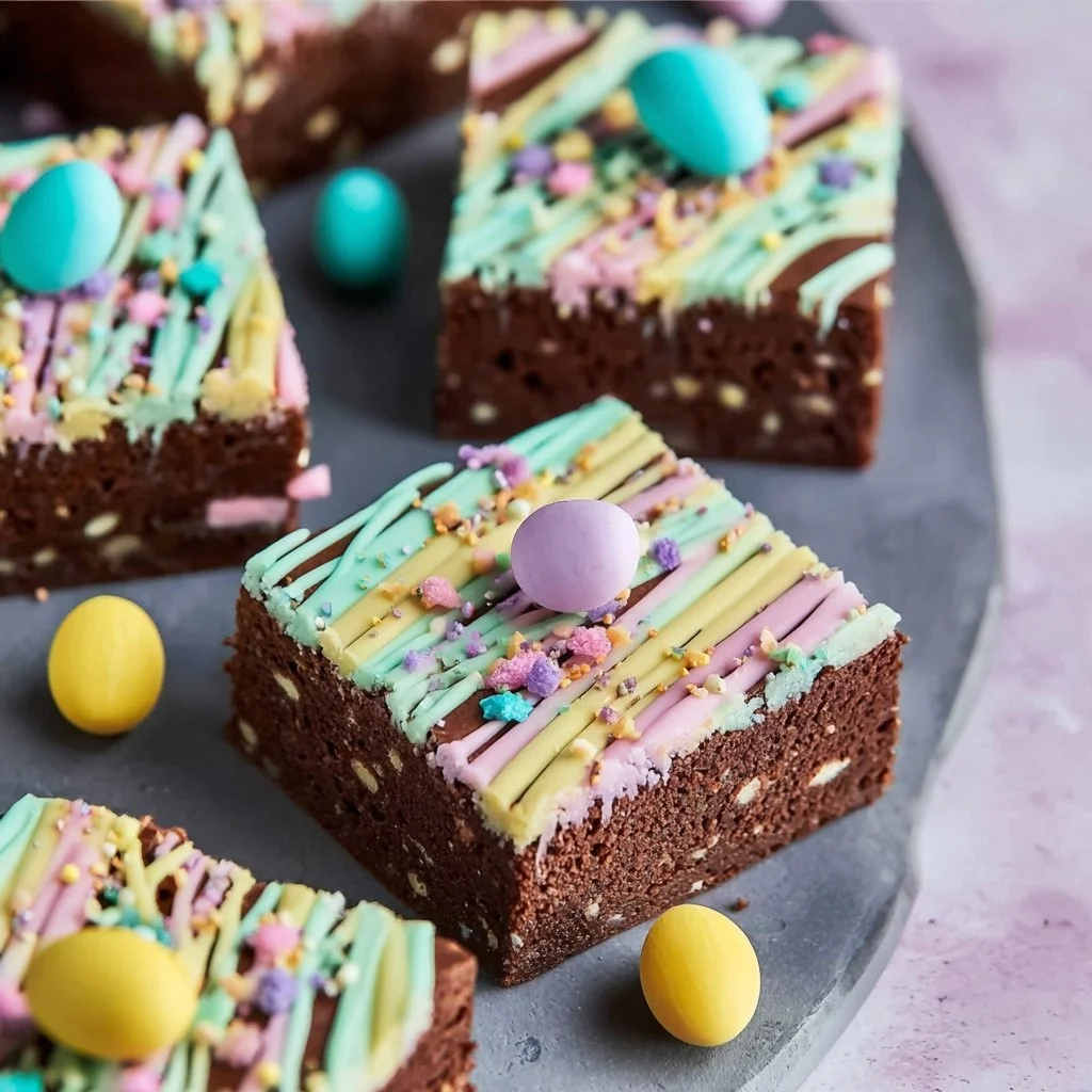 Oster Brownies Rezept mit schokoladigen Brownies und osterlicher Dekoration