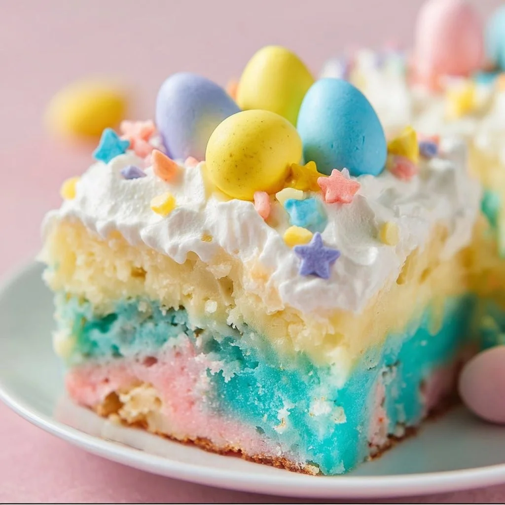 Oster Poke Kuchen mit bunten Toppings und frischen Früchten