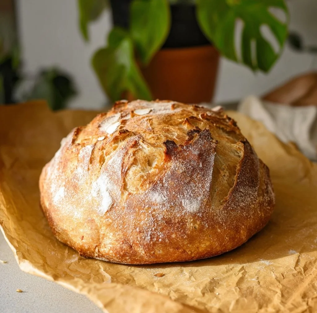2-Zutaten No-Knet Artisanbrot frisch gebacken auf einem Holzbrett