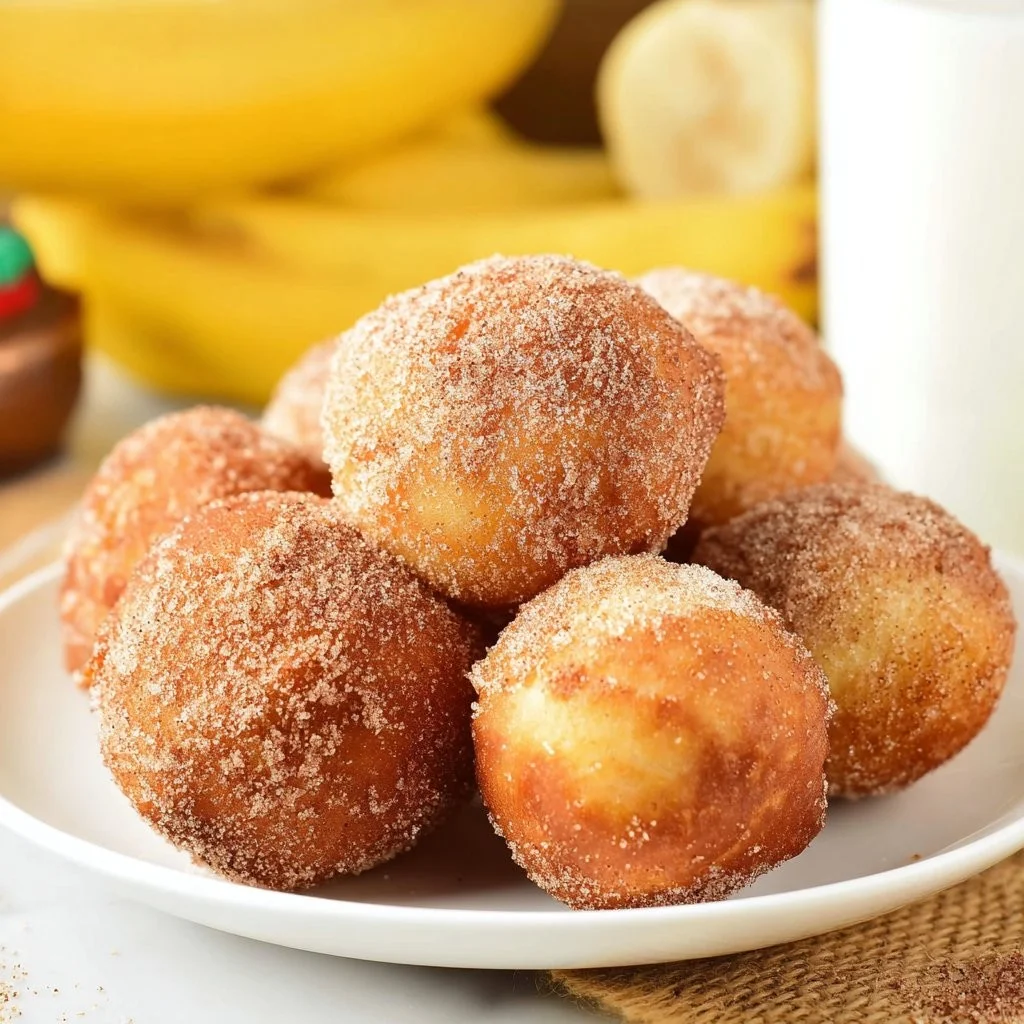 2-Zutaten Teig Bananen Donut Löcher, frisch gebacken und lecker serviert.