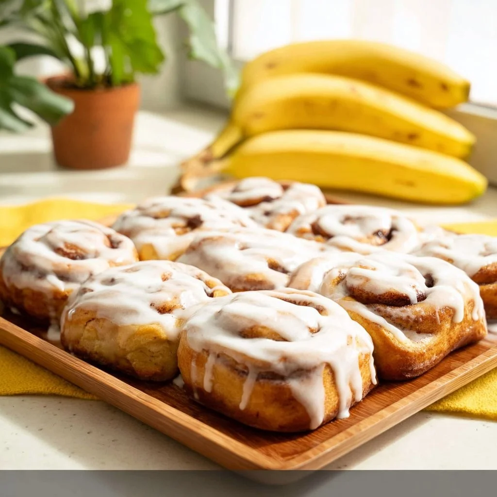 5-Zutaten-Bananenbrot-Zimtschnecken auf einem Teller serviert
