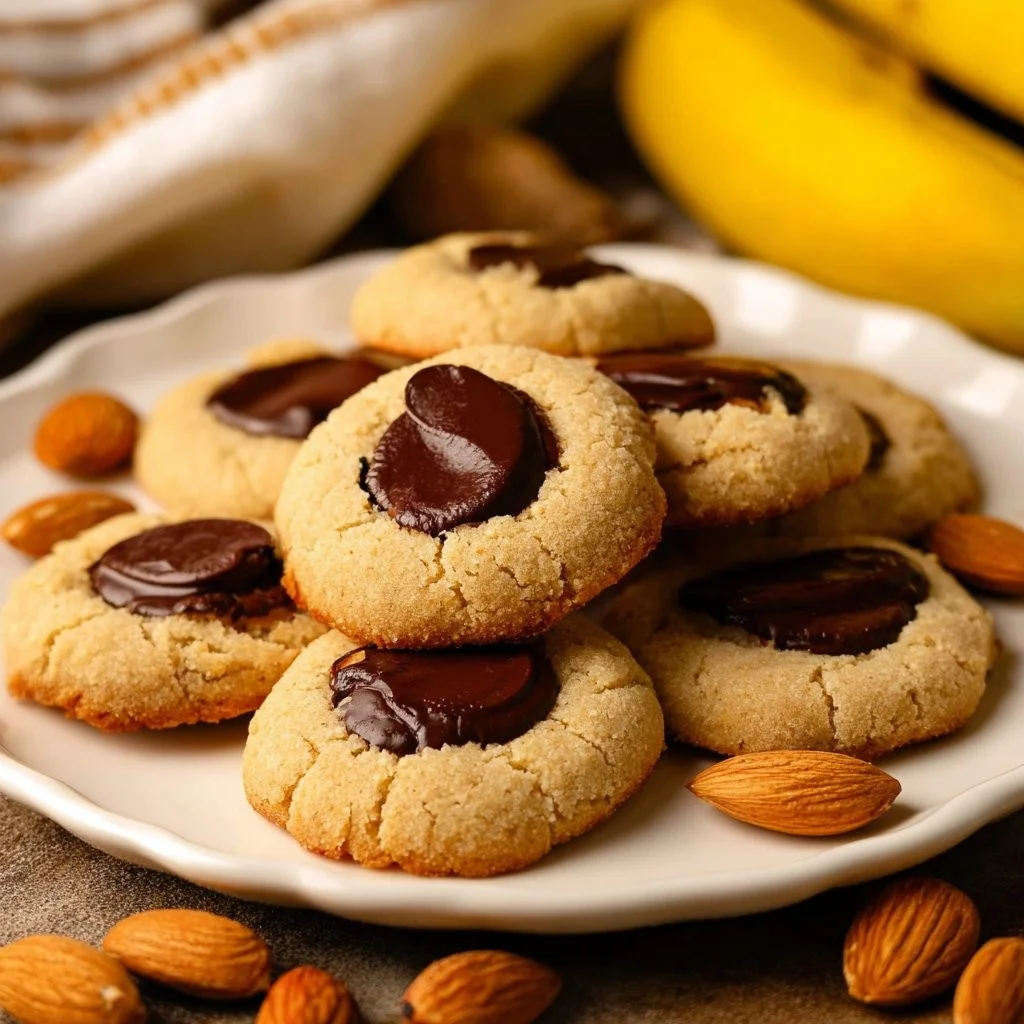 Leckere Banana Kekse mit Mandelstückchen und Daumenabdruck auf einem Teller