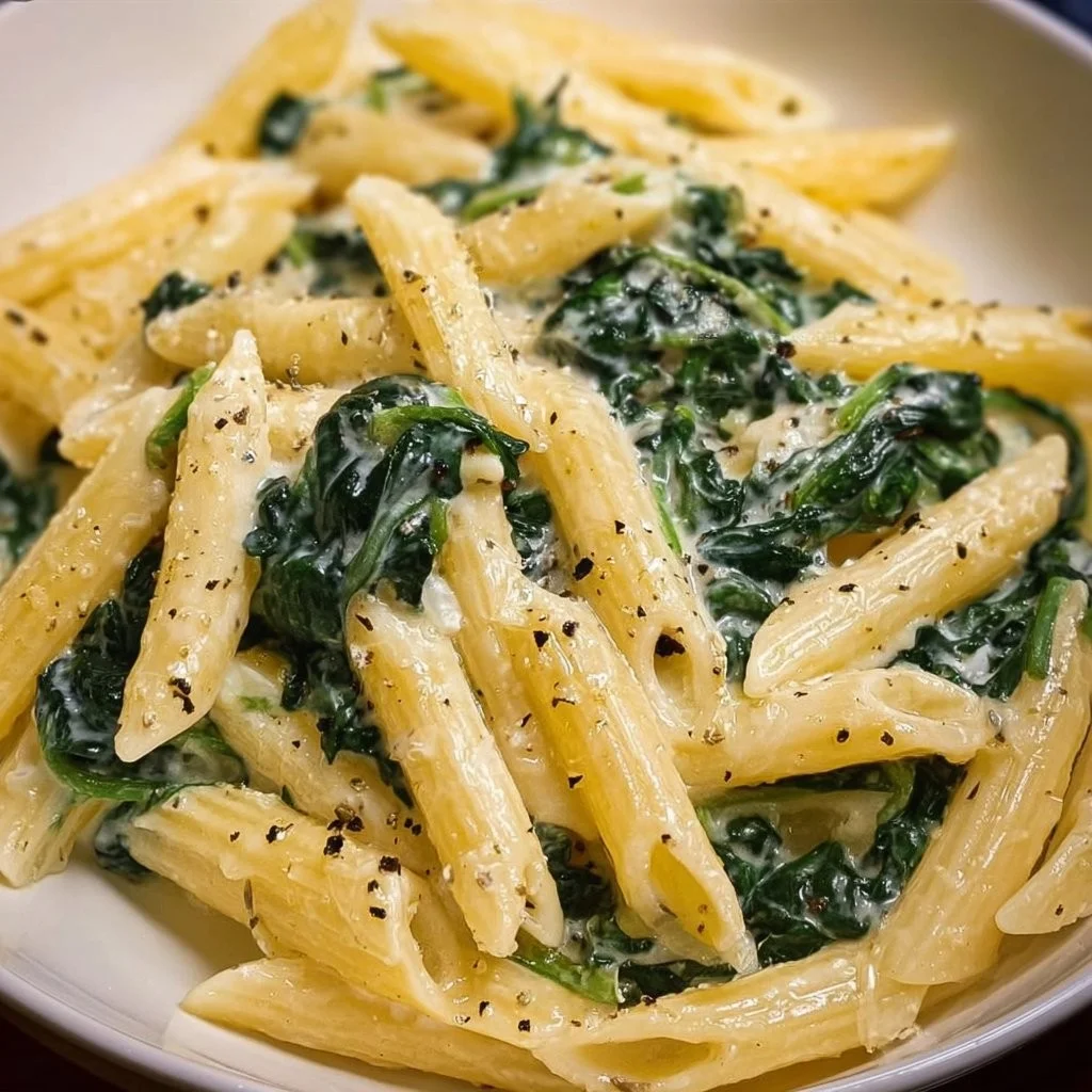 Cremige Knoblauch-Parmesan-Pasta mit Spinat auf einem Teller