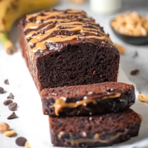 Erdnussbutter-Schokoladen-Bananenbrot auf einem Holzbrett