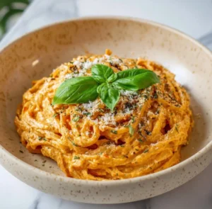 Geröstete Tomaten und Knoblauch Ricotta Pasta auf dem Teller angerichtet