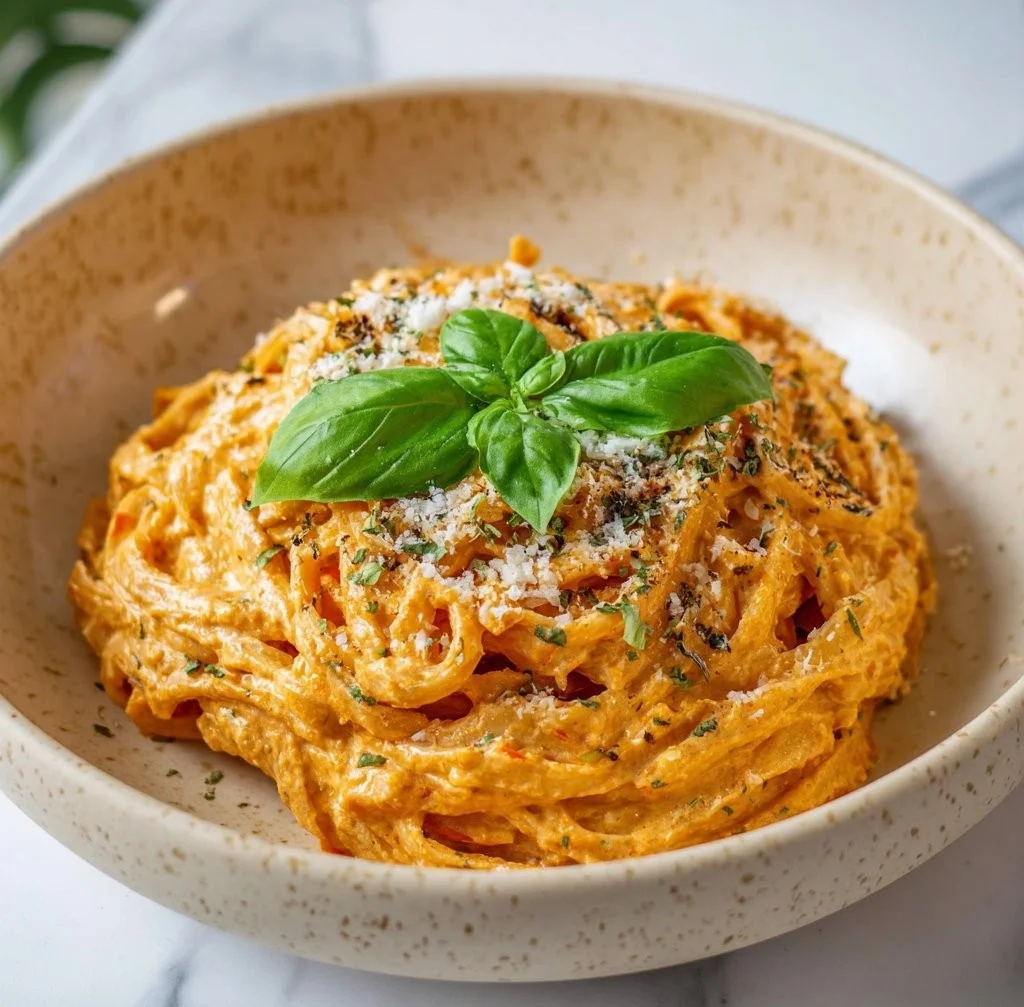 Geröstete Tomaten und Knoblauch Ricotta Pasta auf dem Teller angerichtet