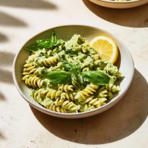 Schüssel mit Grüne Göttin Pasta mit frischen Kräutern und Gemüse