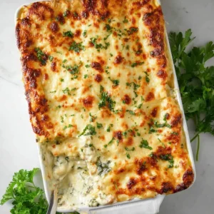Leckere Hähnchen Alfredo Lasagne frisch aus dem Ofen