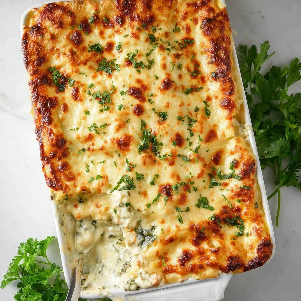 Leckere Hähnchen Alfredo Lasagne frisch aus dem Ofen