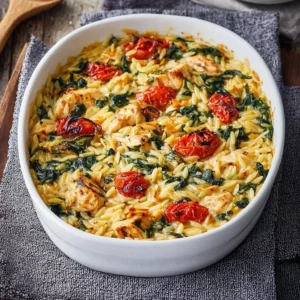 Leckere Hühnchen-Orzo-Auflauf mit zartem Hühnchen und schmackhaftem Orzo.