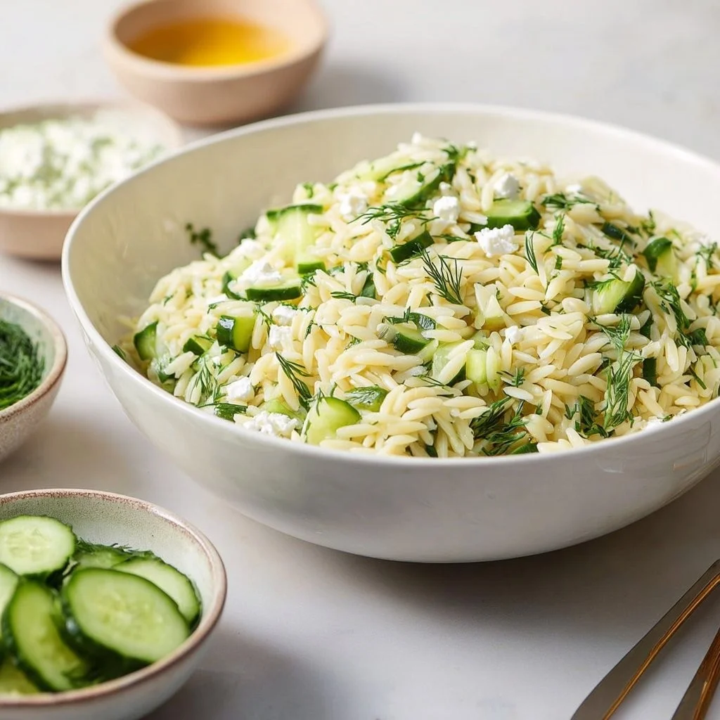 Orzo-Salat mit Gurken und Feta auf einem Teller serviert