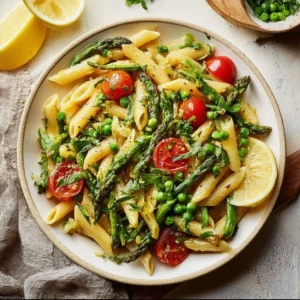 Leckeres Pasta Primavera mit frischem Gemüse und aromatischen Kräutern