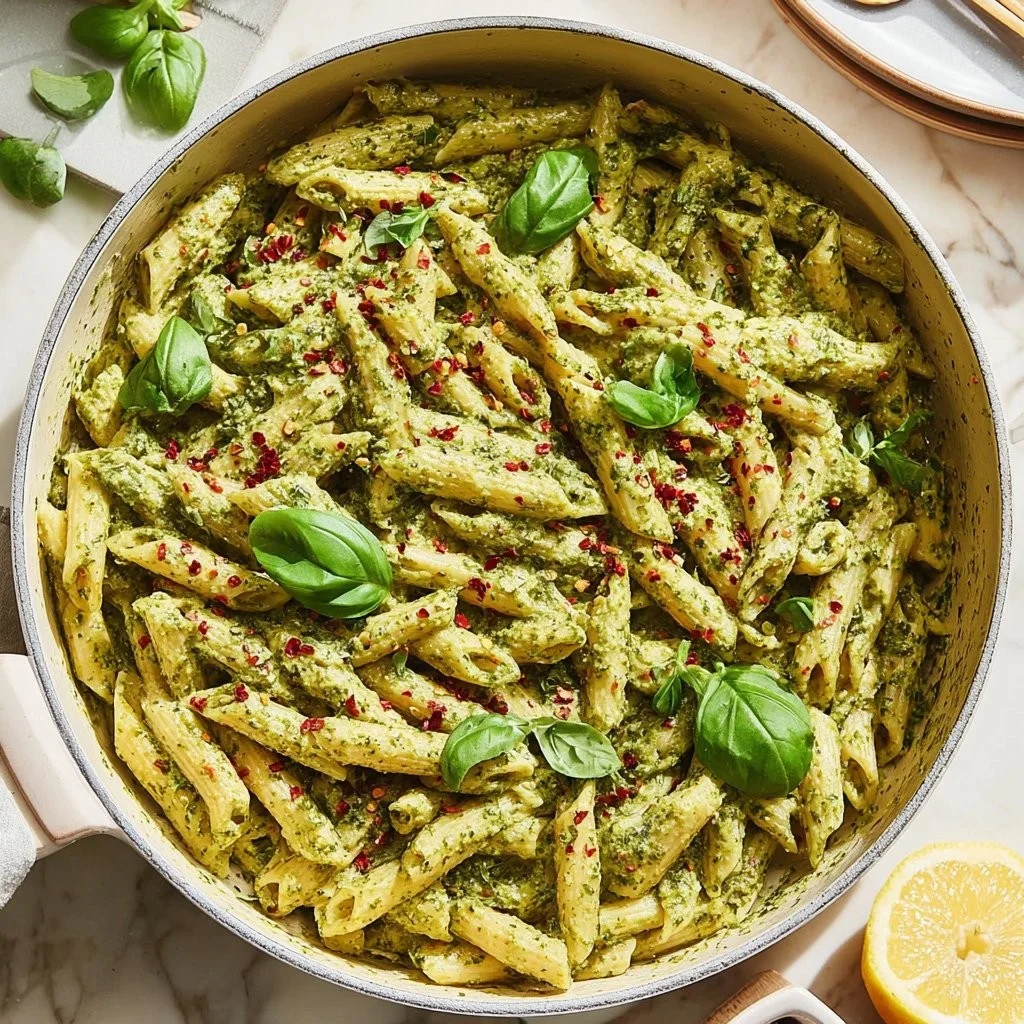 Eine Schüssel voller Pesto-Ricotta-Pasta mit frischen Kräutern.