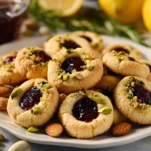 Leckere Pistazien-Lemon-Thumbprint-Cookies ohne Eier und Milch, auf einem Teller serviert.