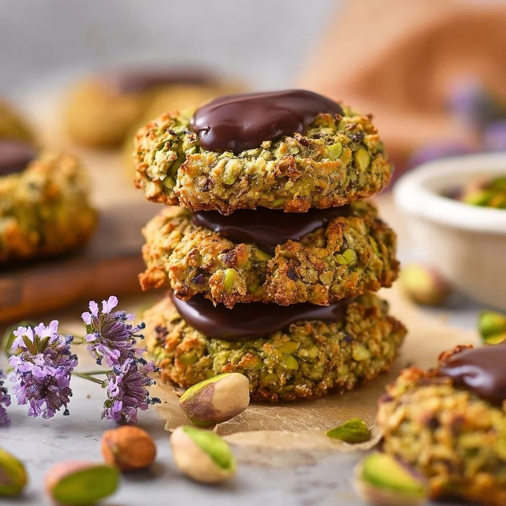 Pistazien-Thumbprint-Cookies auf einem Teller mit buntem Hintergrund