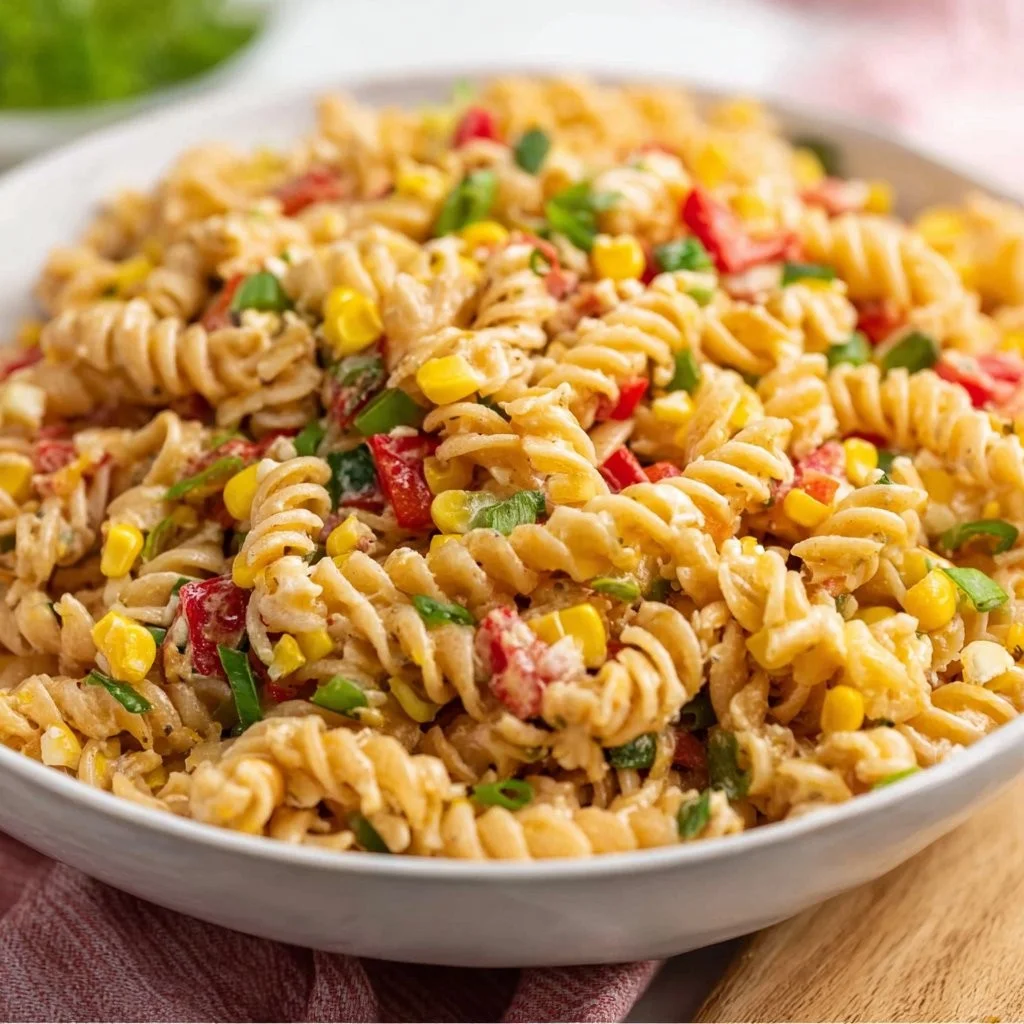 Taco-Pasta-Salat mit frischen Zutaten und bunten Toppings